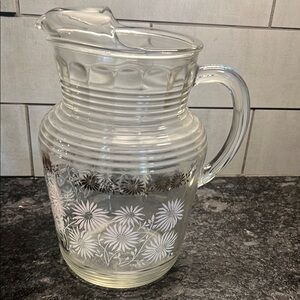 Hazel Atlas Clear Glass Pitcher with white Daisy Design
